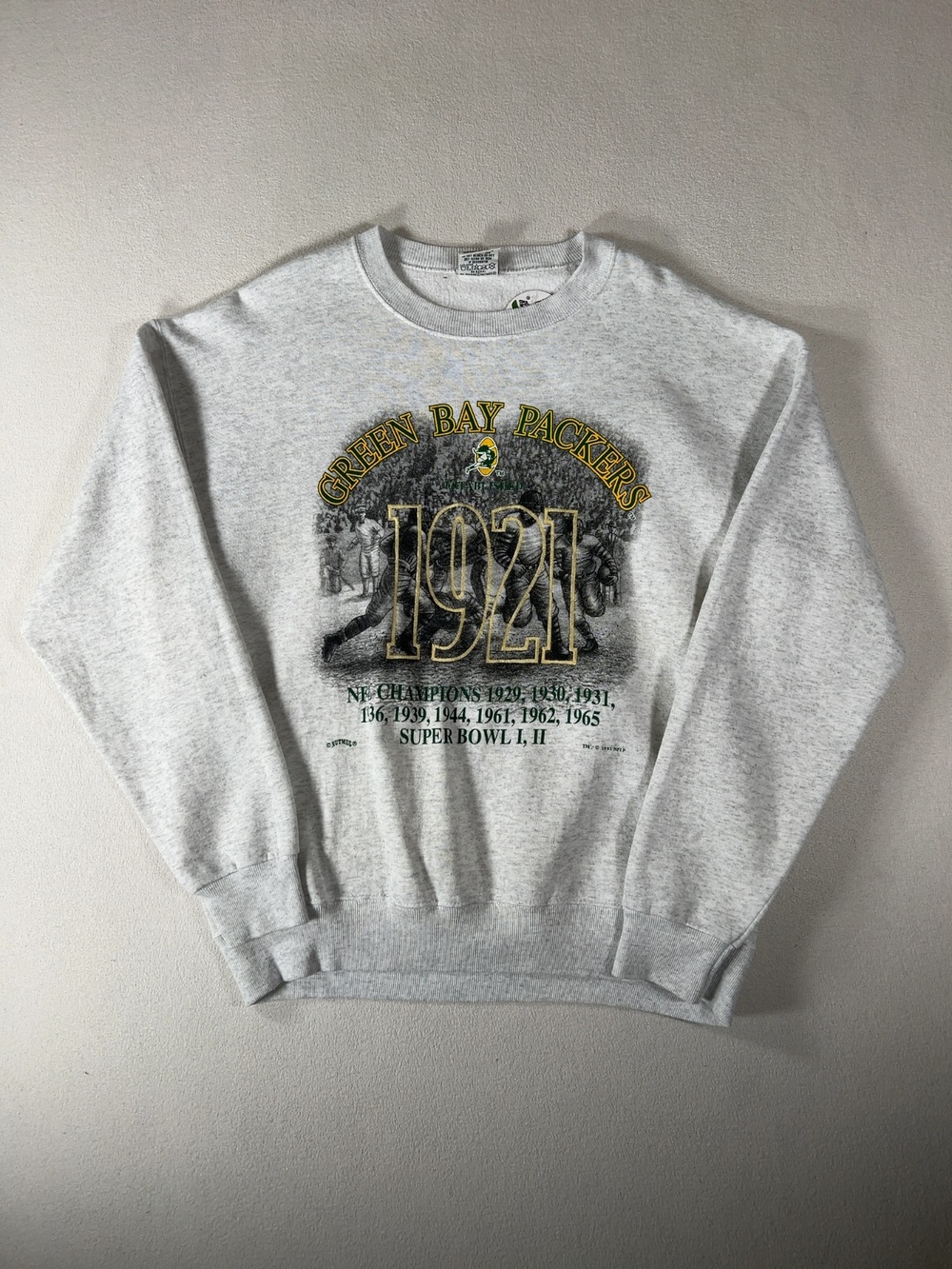 Vintage 1995 Nutmeg Mills Green Bay Packers 1921 NFL Sweatshirt Grey Size L